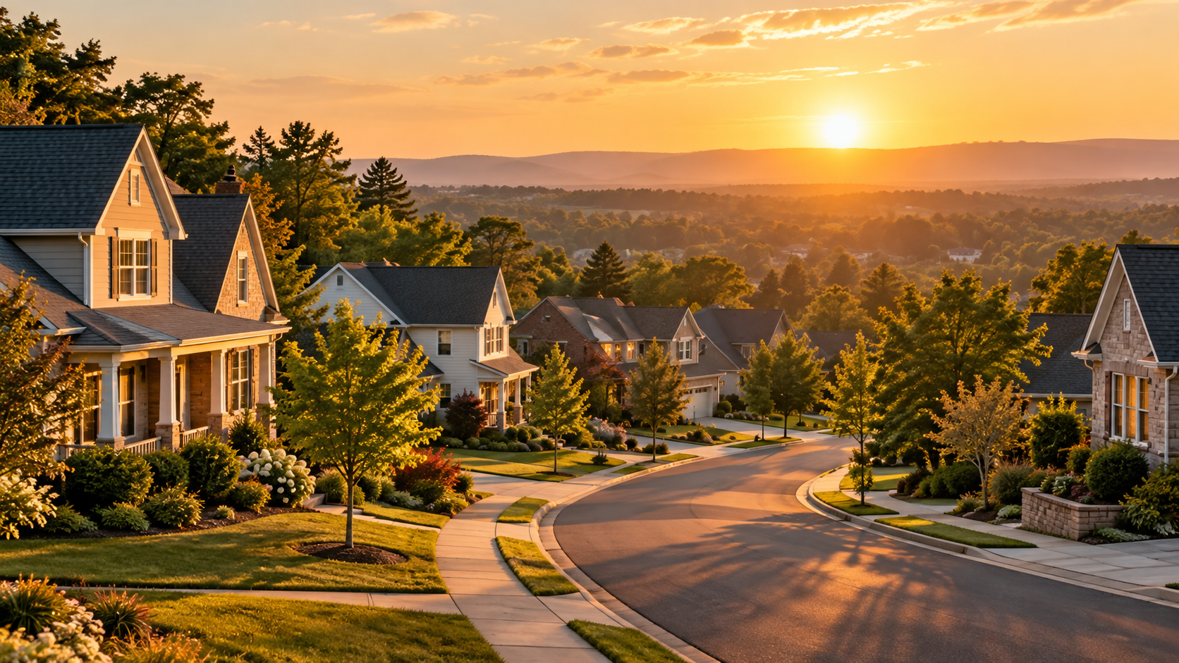 Residential street in warm evening light