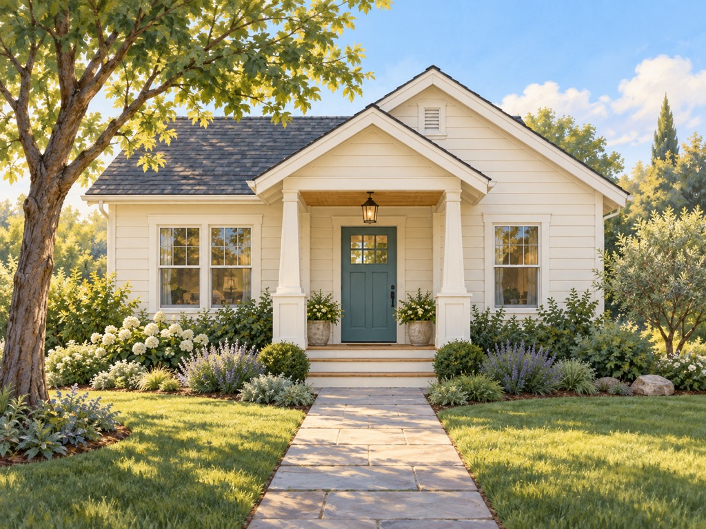 Illustration of a cream cottage with a teal front door, covered porch and garden path