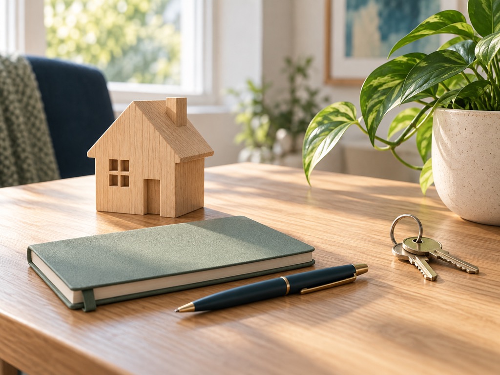 Illustration of a wooden model house, sage notebook, pen and keys on a sunlit table