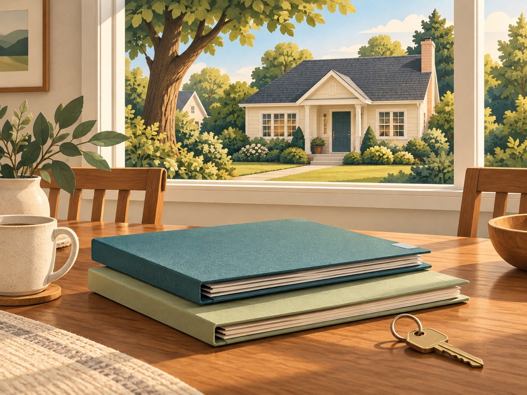 Illustrated document folders and house key beside a window overlooking a home.