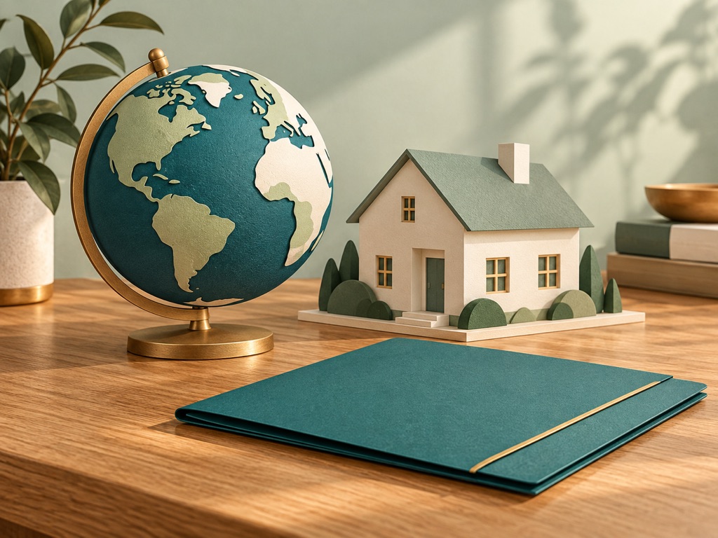 Illustrated globe, house model and unmarked document folder on a desk.