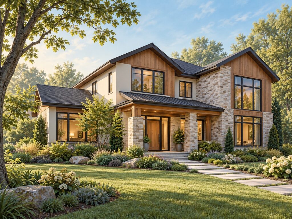 Two-story contemporary stone-and-wood home with large windows, a garden path and mature trees.