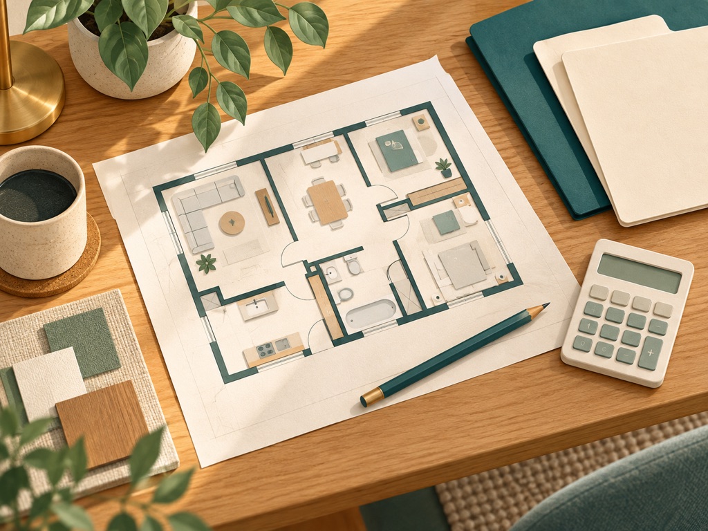 Illustrated home floor plan, calculator and folders on a wooden desk.