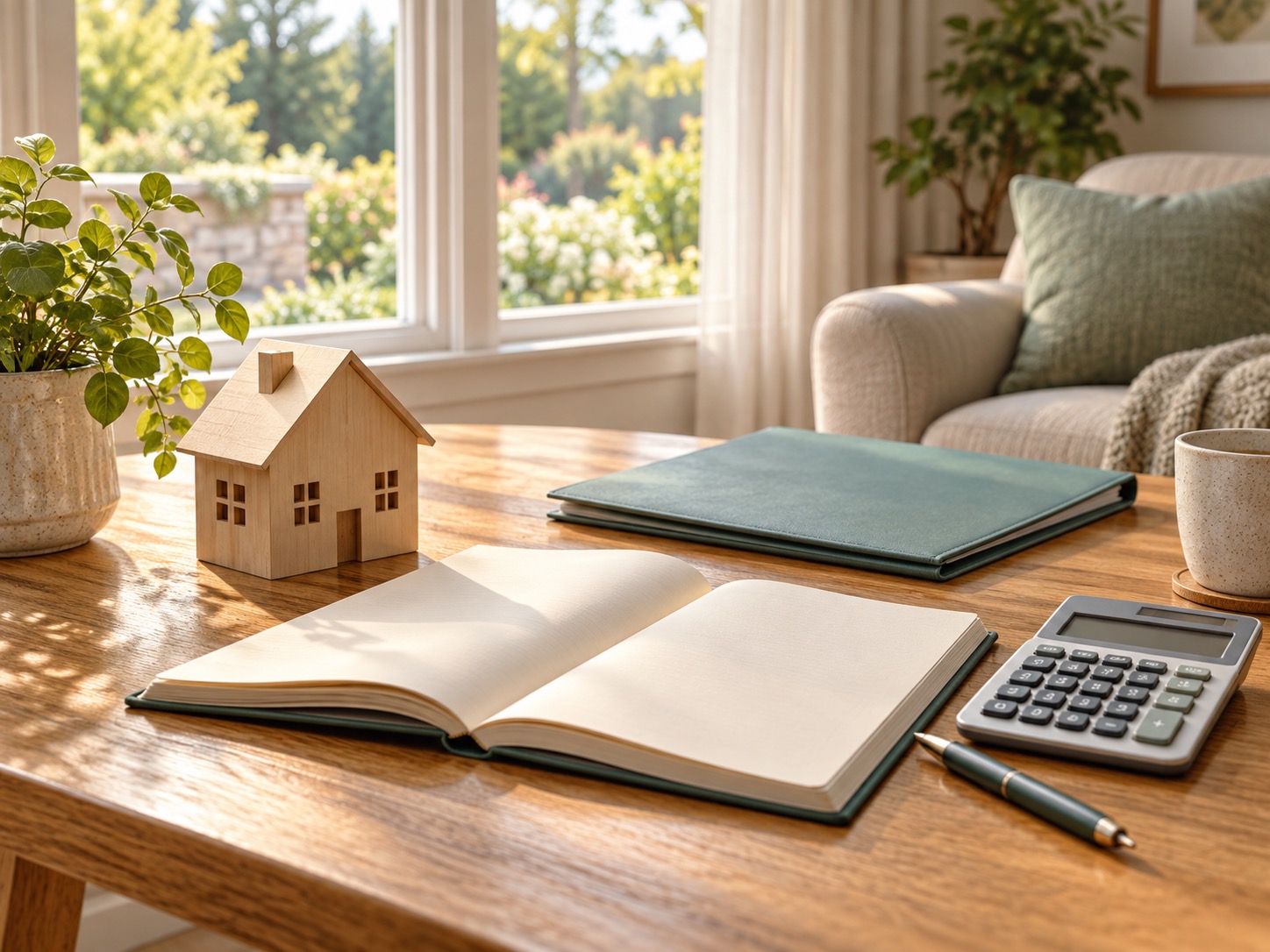 Wooden house model, open notebook and calculator on a table beside a sunlit window.
