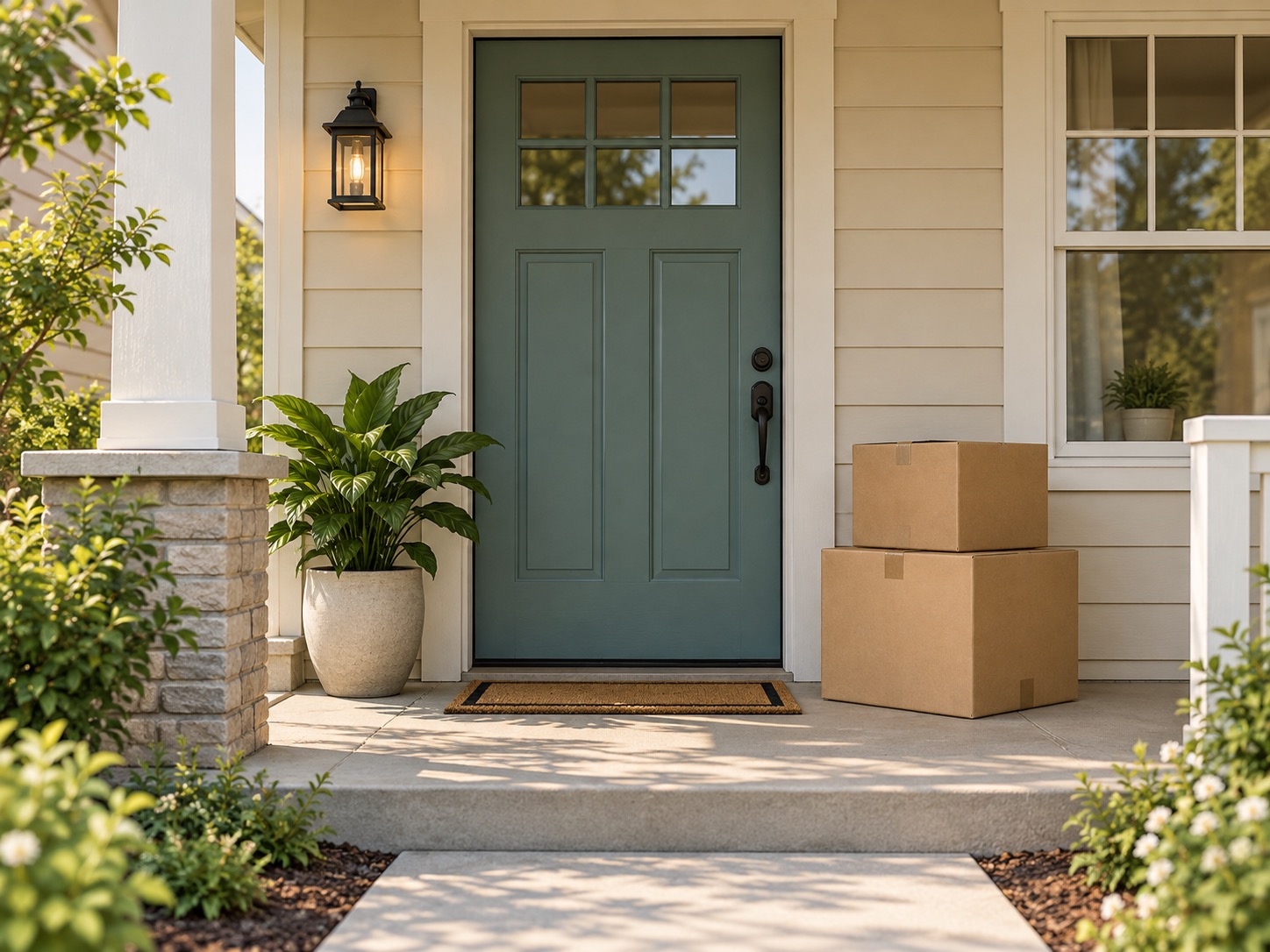 Teal front door with moving boxes and a potted plant on a cream-colored home porch.