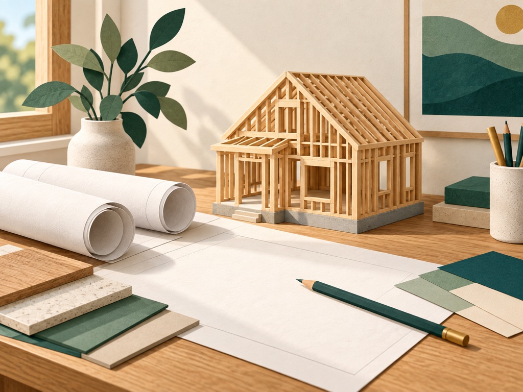 Illustration of an unfinished timber-frame house model with rolled plans and material samples.
