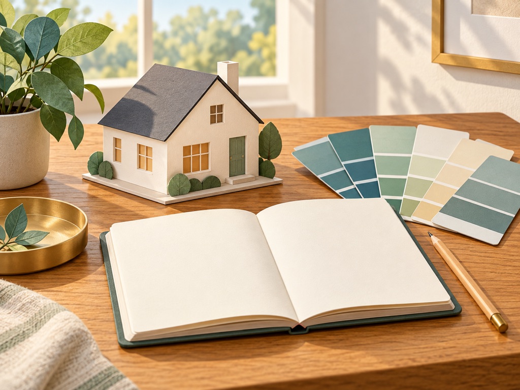 Illustrated house model beside paint samples and a planning notebook.