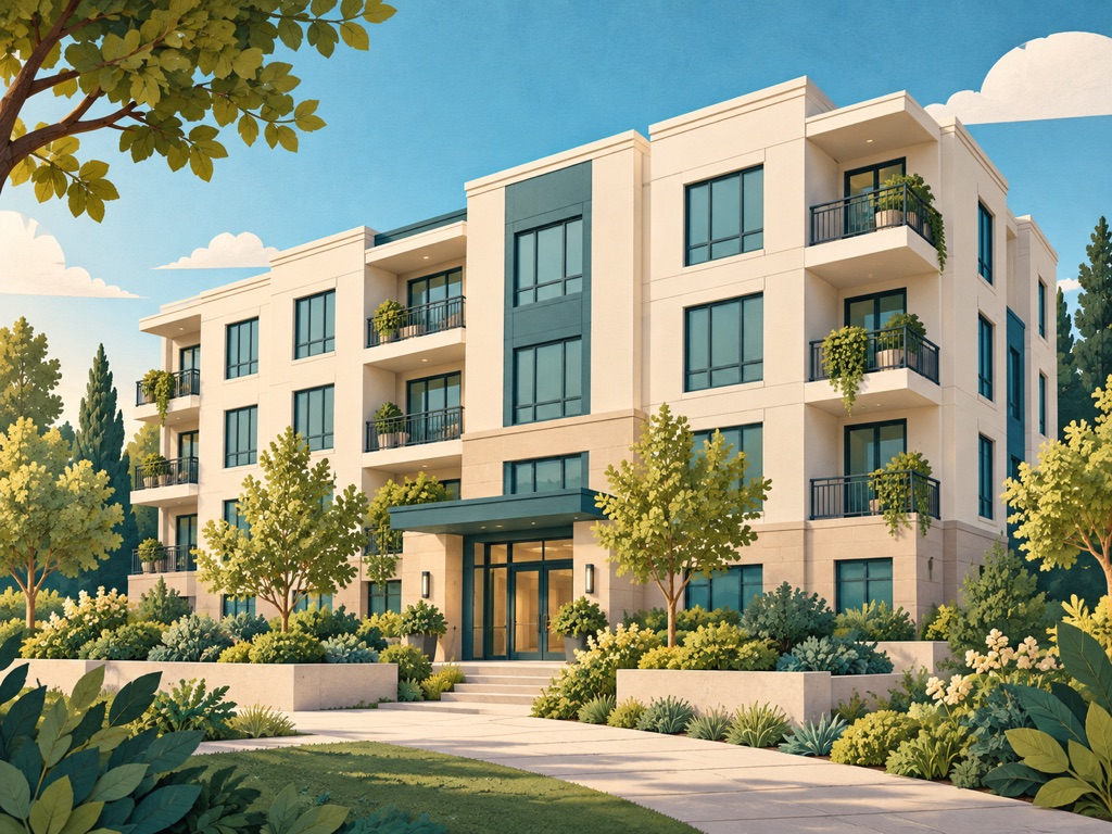 Illustration of a cream apartment building with teal accents and a landscaped entrance.