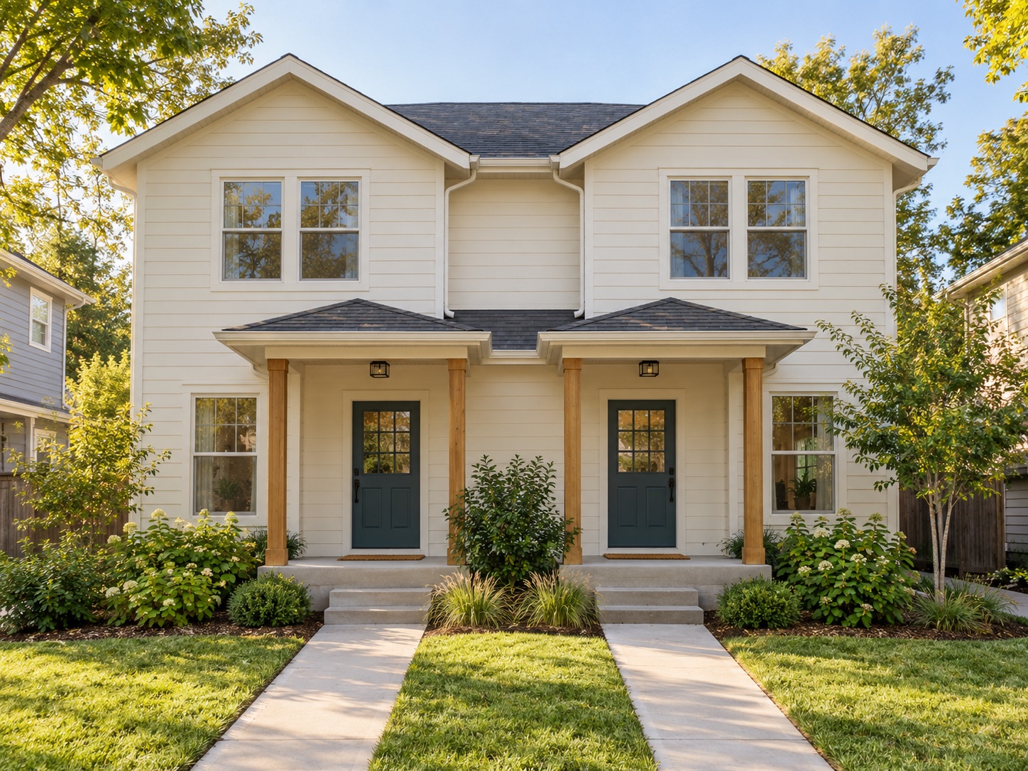 Illustration of a two-unit home with separate front doors and landscaped walkways.