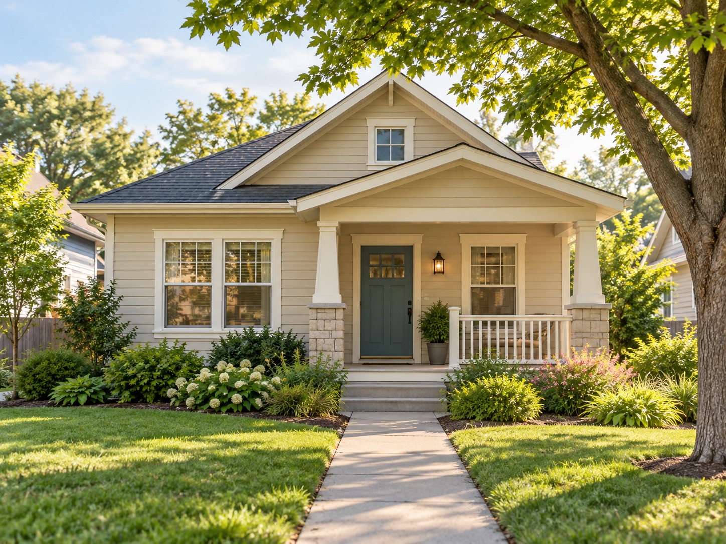 Illustration of a modest cream-colored home with a covered porch, front walkway and garden.