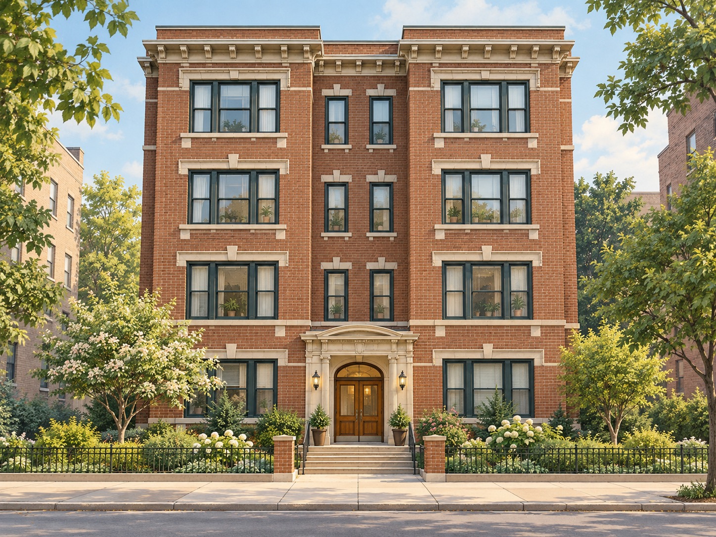 Illustration of a brick apartment building with cream window trim, a shared entrance and front garden.
