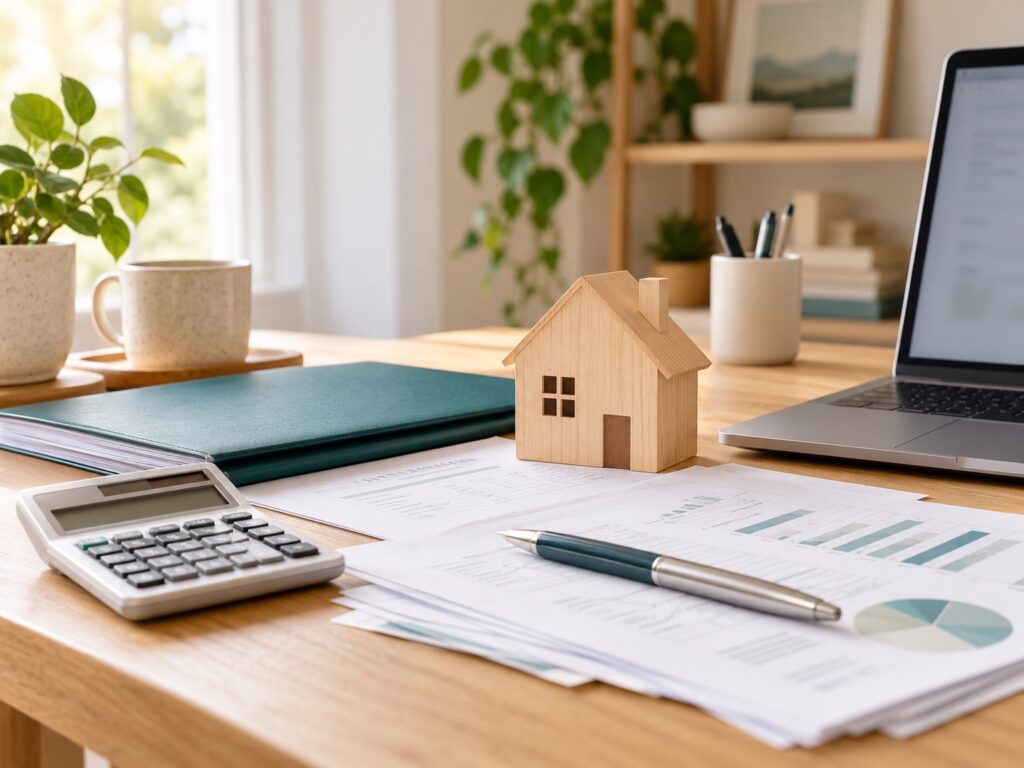 Calculator, financial papers and a wooden house model on a home-office desk.