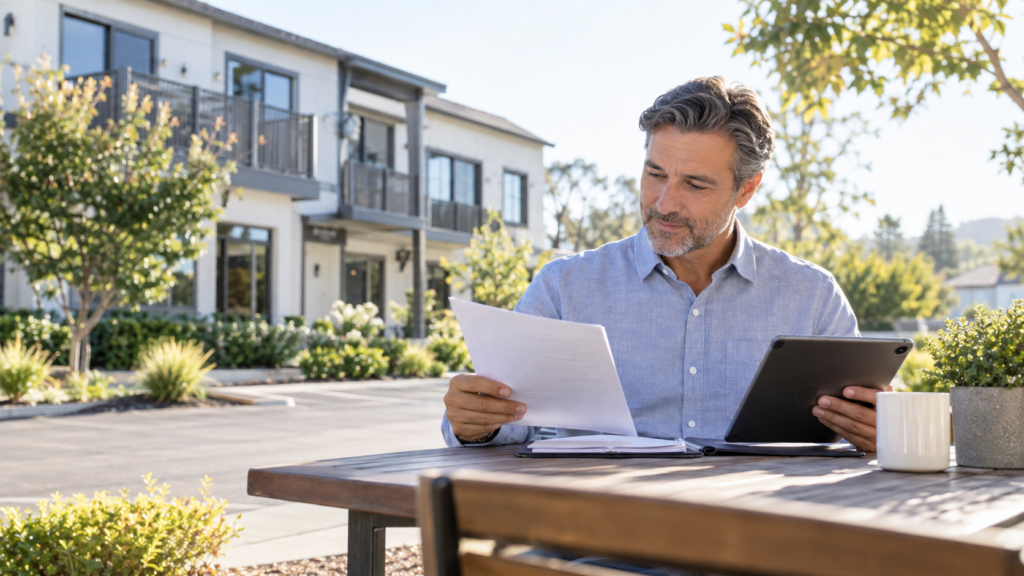 Investor reviewing property documents while planning replacement-property financing
