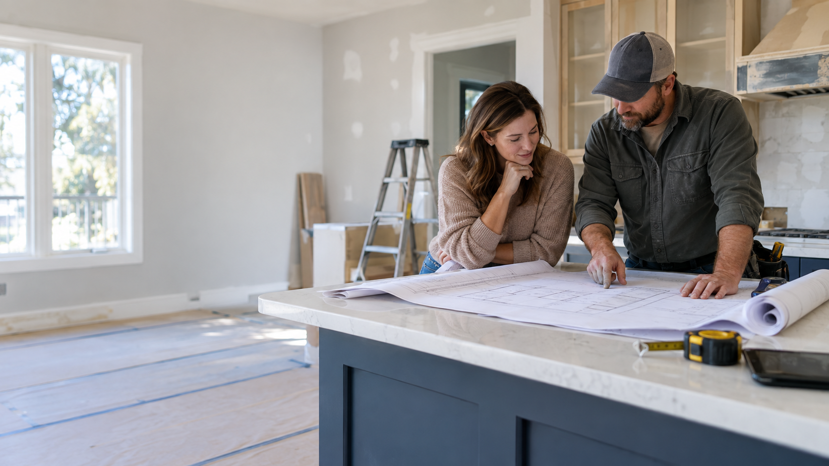 Homebuyer and contractor reviewing a renovation plan in a home