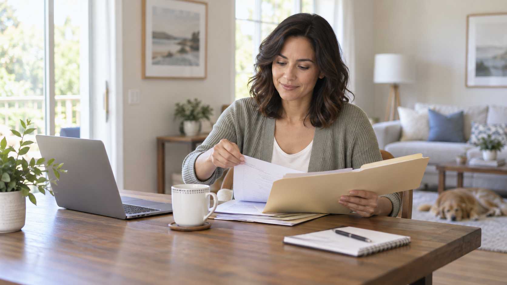 Homeowner organizing mortgage documents for a future home plan