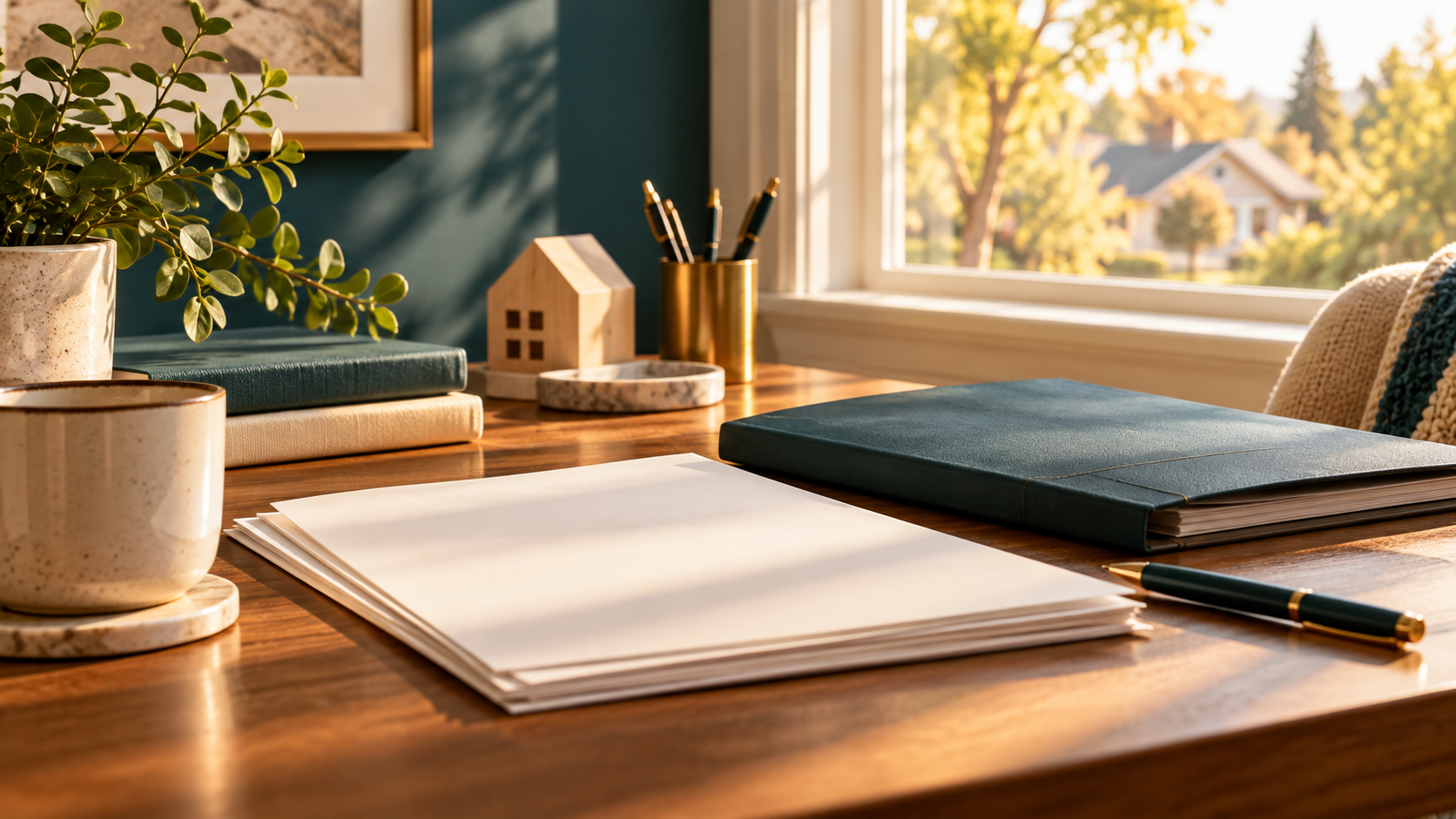 Sunlit desk with blank papers, a dark notebook, and a pen
