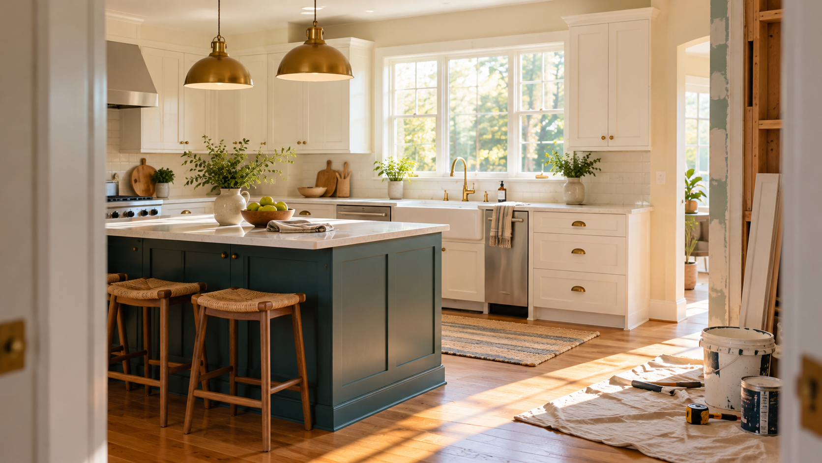 Sunlit kitchen with painting supplies and a partly finished wall