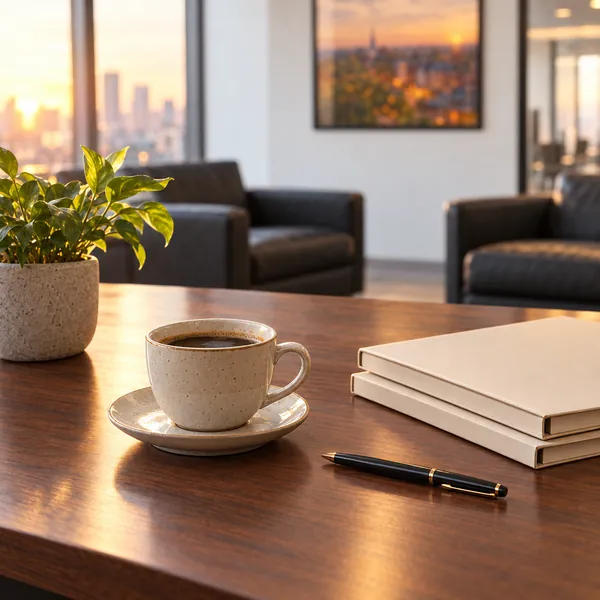 Cup of coffee beside closed folders and a pen on an office desk