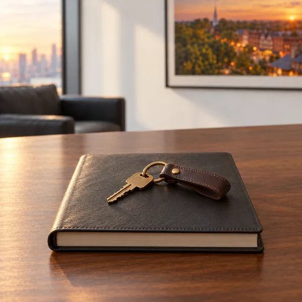 House key resting on a leather notebook on an office desk