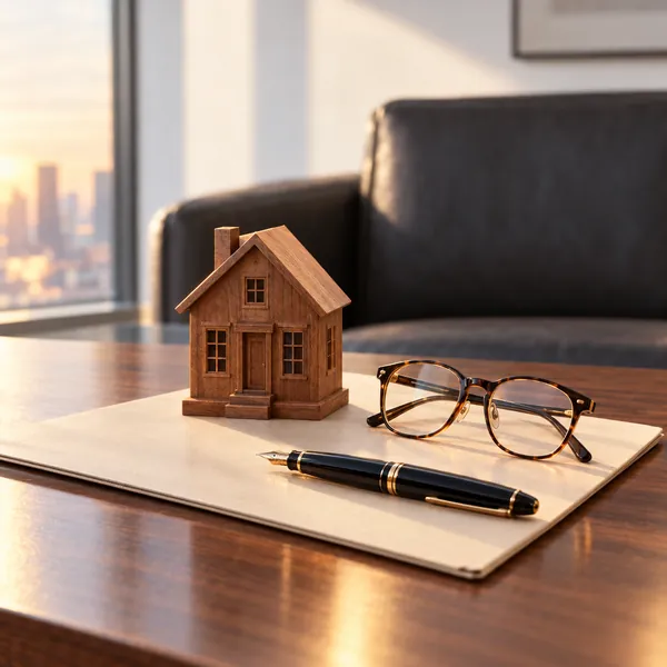 Wooden model house, reading glasses, and a pen on a document folder