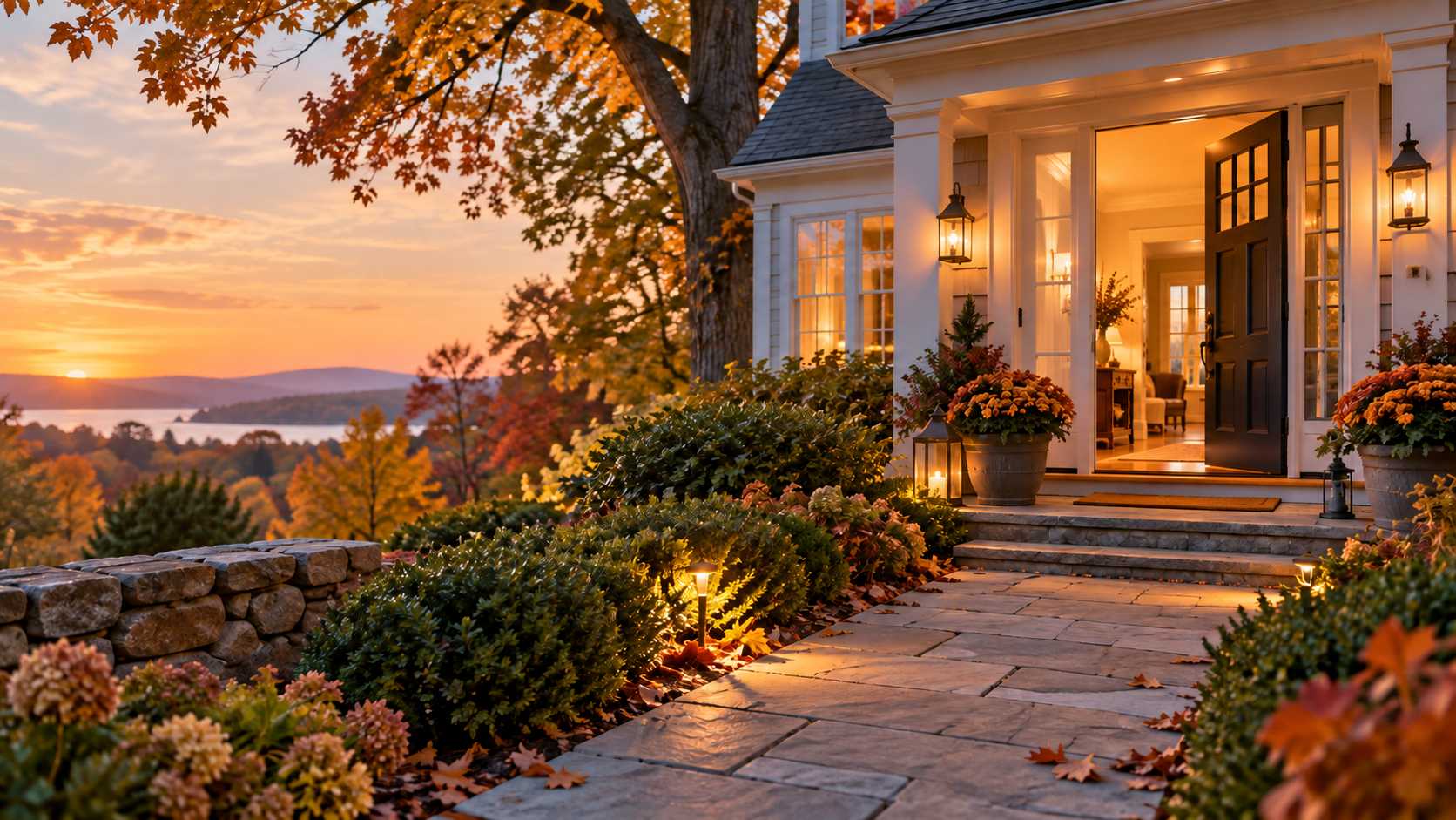 Illustration of a warmly lit home entrance at sunset
